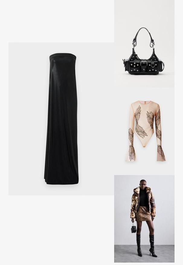 Gennemsigtig bodysuit med lange ærmer i nude, prydet med broderede sorte vingemønstre på ærmer og krop, med lynlås lukning i ryggen.; Sort stropløs maxikjole lavet af glat, skinnende stof. Har en tætsiddende bodice og en svungende silhuet, der når gulvet uden udsmykninger.; Pufferjakke med et brunt og sort mønster, parret med en brun slangeskinds mini nederdel, sorte støvler op til knæet og en lille sort taske.; Sort læderhåndtaske med et buet design, prydet med sølvfarvede nitter, en spænde og to sidelommer. Justerbar rem til forskellige bære muligheder.