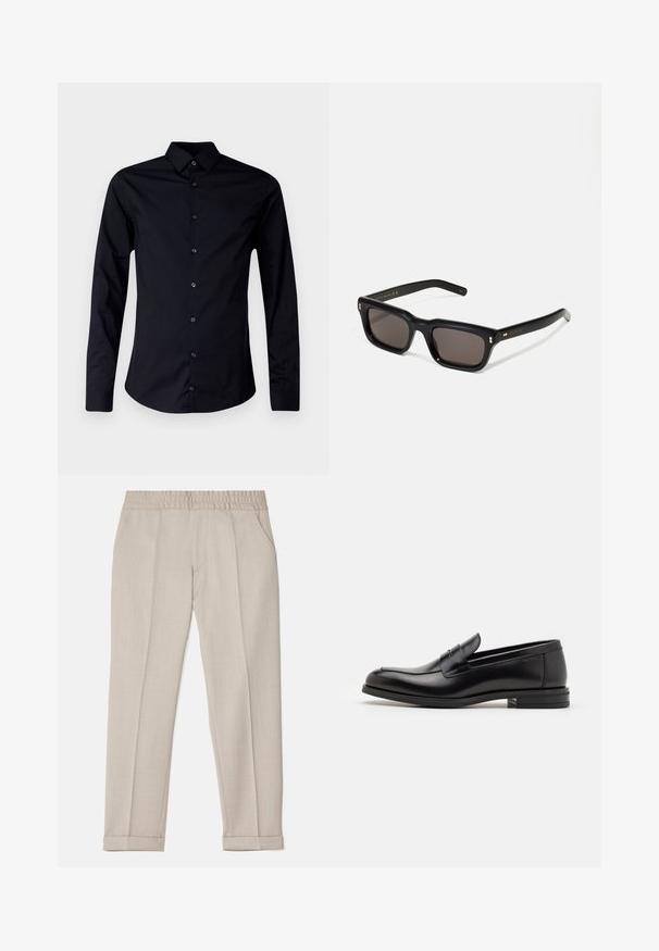 Čierna košeľa s dlhým rukávom vyrobená z hladkej látky, s ostrým golierom, predným zapínaním na gombíky a priliehavým strihom s zakriveným lemom.; Filippa K TERRY CROPPED TROUSERS - Nohavice - sage melange; Čierne kožené mokasíny s hladkou textúrou, zaoblenou špičkou a dekoračným pásikom cez priehlavok. Nízky vrstvený opätok, minimalistický dizajn.; Čierne obdĺžnikové slnečné okuliare s tmavými sklami, hrubým plastovým rámom, zlatými detailami na spánkoch a vygravírovaným logom značky na ramene.