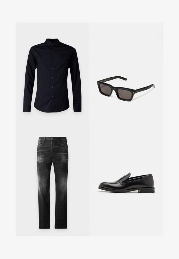 Mustahiili, mblacki mrefu wa mikono, uliofanywa kwa kitambaa laini, ukijumuisha kola yenye kona, kufungwa kwa kifungo mbele, na muundo uliopangwa vizuri na mhemko wa kupinda.; Mustat denimfarkut suoralla istuvuudella. Ominaisuuksiin kuuluu haalistuneita alueita, pieniä kulumia, klassinen viiden taskun malli sekä nappisulku.; Mustat nahkakengät, joissa on sileä pinta, pyöreä kärki ja koristeellinen nauha jalkapöydän yli. Matala pinoitu koroke, minimalistinen muotoilu.; Mustat suorakulmaiset aurinkolasit tummilla linsseillä, paksu muovikehys, kultaiset korostukset temppeleissä ja brändin logo kaiverrettuna varteen.