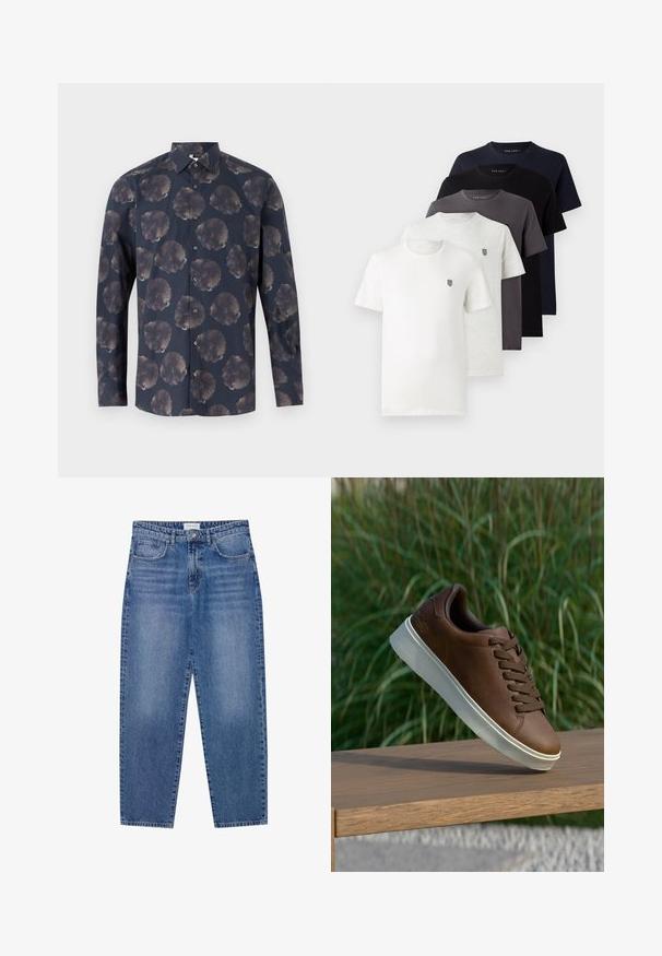 Camisa de mangas longas em azul-marinho escuro com um padrão floral com grandes flores discretas. Fecho frontal com botões, colarinho clássico e textura de tecido.; Cinco t-shirts de algodão de manga curta nas cores branca, cinza claro, cinza escuro, azul marinho e preta, com um pequeno logotipo no peito.; Jeans de ganga azuis com cintura alta, design de perna reta e acabamento desbotado. Apresenta cinco bolsos e fecho de botão.; Sapatilha de couro castanho com sola de borracha branca, bico redondo e atacadores castanhos. Superfície texturizada na sola e acabamento suave na parte superior.