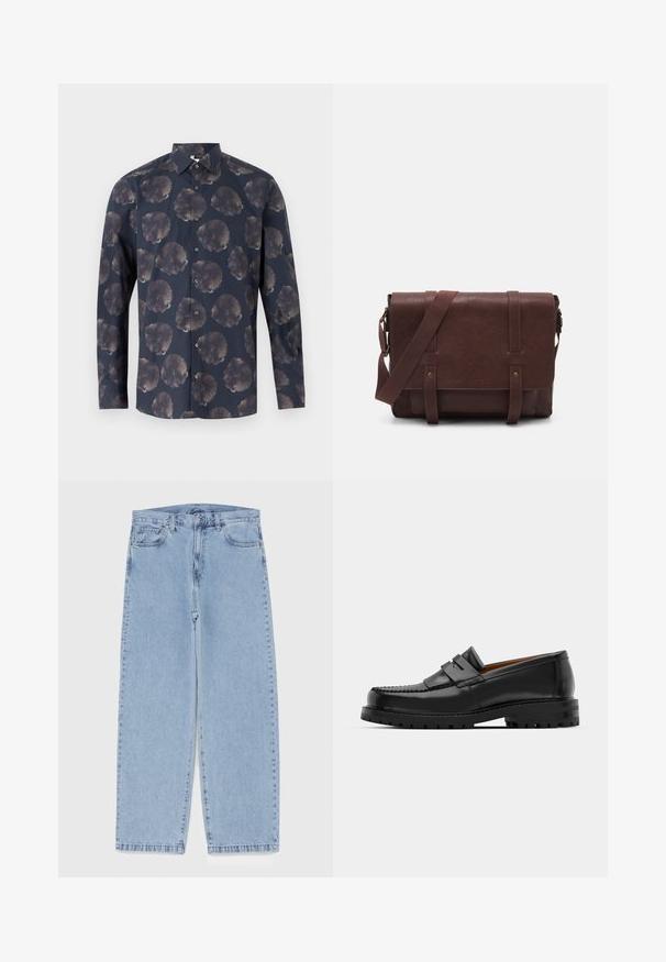 Langlevenshirt in donker marineblauw met een bloemmotief met grote, gedempte bloemen. Knopsluiting aan de voorkant met klassieke kraag en stoftextuur.; Lichtblauwe denim jeans met een recht model, voorzien van een middelhoge taille, vijf zakken en een knoop- en ritssluiting.; Zwarte leren instappers hebben een verhoogde naad, twee decoratieve banden op de bovenkant en een dikke, gestructureerde zool voor extra grip.; Bruine lederen schoudertas met een platte voorflap, twee banden, gouden hardware-accenten en een verstelbare schouderband.; Zilveren roestvrijstalen horloge met een ronde groene wijzerplaat, zilveren uurmarkeringen, datumsdisplay en een metalen schakelband. Waterbestendig tot 50 meter.