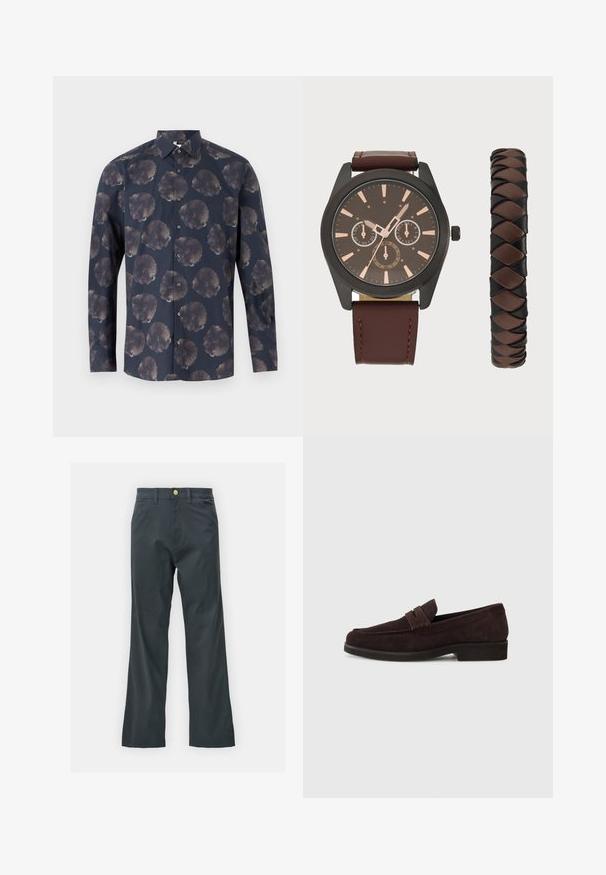 Chemise à manches longues de couleur bleu marine foncé avec un motif floral comprenant de grandes fleurs atténuées. Fermeture à boutons à l'avant avec col classique et texture en tissu.; Pantalons noirs avec une coupe droite, en tissu mélangé coton. Présentent une fermeture à bouton en métal et des poches latérales. Pas de motifs visibles.; Mocassins en daim marron avec une silhouette basse et un embout arrondi. Présentent une sangle décorative sur le dessus, une semelle en caoutchouc plate et sans couture visible.; Pier One SET - Montre - black/brown