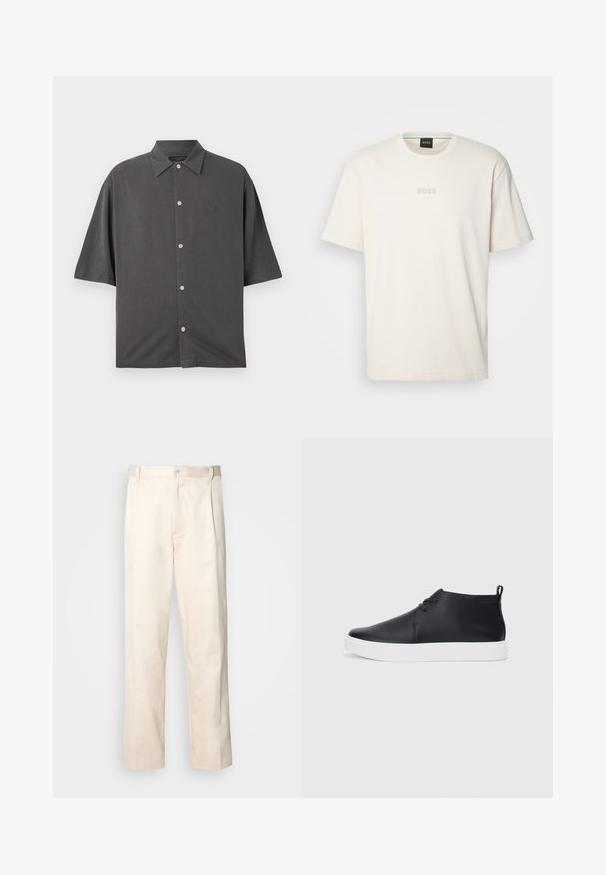 Īsām piedurkņu antracīta pelēks krekls, izgatavots no mīksta auduma. Iezīmē tradicionālu apkakli, rozā pogas un smalku izšūtu logo uz krūšdaļas.; BOSS TEE - Pamata T-krekls - open white; Bežā krāsā auduma bikses ar taisnu kāju griezumu, pievienotām pogu aizdares un priekšējiem krokām papildu detaļām.; Melnas ādas augstas tenisa kurpes ar gludu apdari, baltu gumijas zoli un vienkāršu šņorēšanas dizainu. Aizmugurē ir vilkšanas cilpa.