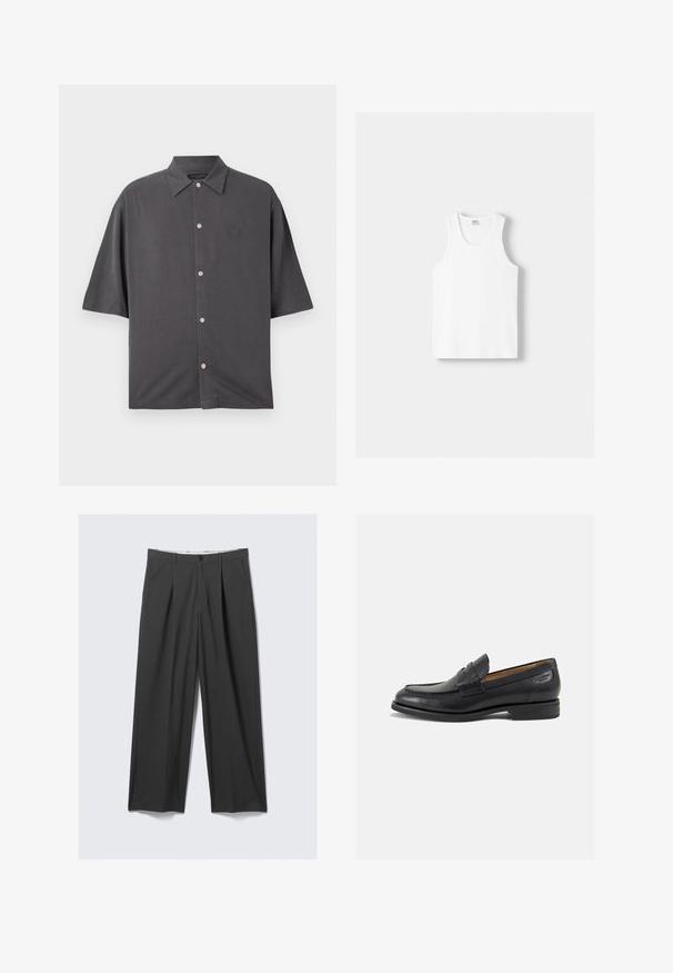 Korte mouw, antracietgrijs shirt van zachte stof. Beschikt over een traditionele kraag, roze knopen en een subtiele geborduurde logo op de borst.; Witte katoenen tanktop met een ronde halslijn, brede schouderbanden en een rechte zoom, met een gladde textuur en zonder zichtbare patronen.; Grijze, brede broek met plooien. Gemaakt van een soepele stof, met een sluiting met knoop aan de voorkant en riemlussen. Plat voorpand ontwerp.; Zwarte leren loafers met een gladde afwerking, ronde neus en decoratieve stiksels op de wreef. Lage gestapelde hak en een lichte glans.