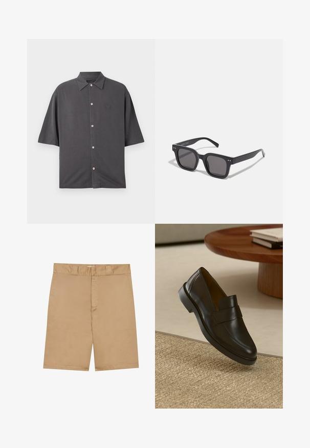 Κοντομάνικο πουκάμισο σε ανθρακί χρώμα, κατασκευασμένο από μαλακό ύφασμα. Διαθέτει παραδοσιακό γιακά, ροζ κουμπιά και ένα διακριτικό κεντημένο λογότυπο στο στήθος.; Χακί σορτς με επίπεδη μέση, μπροστινό φερμουάρ και πλαϊνές τσέπες; κατασκευασμένα από ένα λείο, ελαφρύ ύφασμα με λεπτή υφή.; Μαύρο δερμάτινο loafer με λείο φινίρισμα, στρογγυλή μύτη και διακοσμητική ζώνη κατά μήκος του επάνω μέρους. Χαμηλός καουτσούκ τακούνι, τοποθετημένος σε μια υφή επιφάνειας.; Μαύρα ορθογώνια γυαλιά ηλίου με σκούρους φακούς, διαθέτουν παχύ σκελετό, διακριτικές λεπτομέρειες στα πλάγια και χωρίς ορατά λογότυπα εκτός από το όνομα της μάρκας.