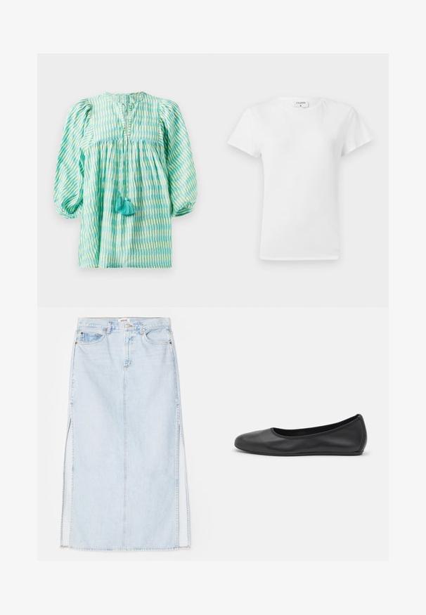 Viegls, tirkīza un zaļš svītrains blūze ar izpūstu piedurknēm, savilktu jostasvietu, atslēgas cauruma tīklu un divām tirkīza pušķēm priekšpusē.; Balts kokvilnas T-krekls ar apaļu kakla izgriezumu un īsām piedurknēm, tam ir brīvs piegriezums un minimālistisks dizains. Vēl redzama birka pie kakla.; Gaiši zilā denima maksi svārki ar taisnu griezumu, ar sānu šķēlēm un piecu kabatu dizainu. Izteikta izšūšana un metāla pogas aizdare.; Melna ādas baleta kurpe ar noapaļotu purngalu, gludu tekstūru, minimālu šuvju detalizāciju un elastīgu zoles dizainu.