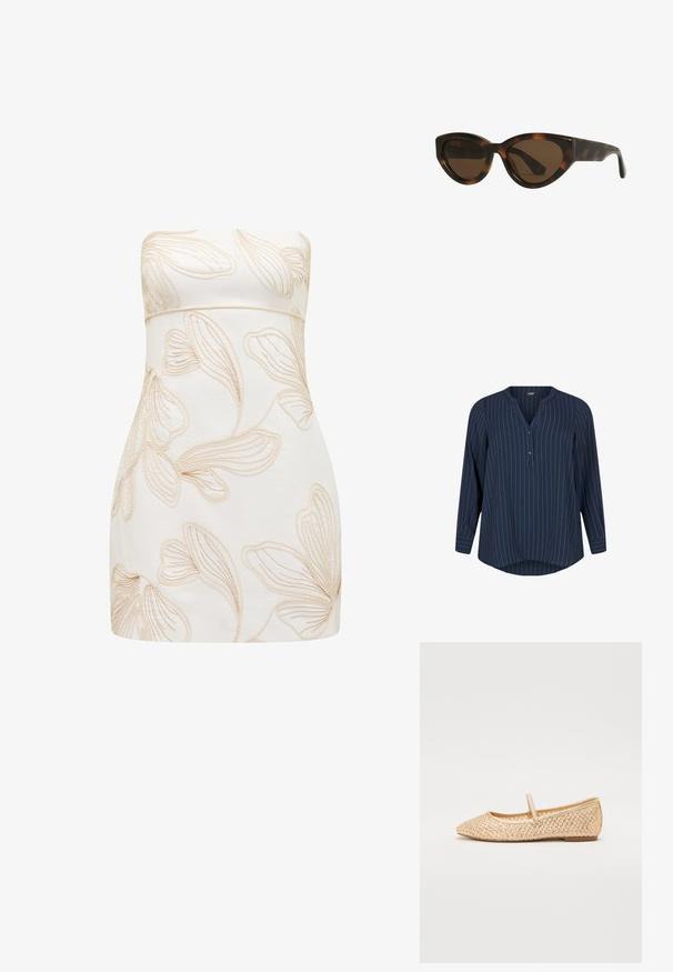 Zizzi NADELSTREIFEN - Blúzka - navy blazer stripe; Bezramenné šaty v krémovej farbe s embosovanými kvetinovými vzormi v svetlej béžovej. Priliehavý strih, hladká textúra, dĺžka po kolená a bez viditeľných zapínaní.; Zlaté plátkové baletky s špicatou špičkou, plochou podrážkou a pásikom cez priehlavok. Vyrobené z horného materiálu so štruktúrovanými vzormi.; Mačacie slnečné okuliare v štýle tortoiseshell s hnedými šošovkami, s hladkými, lesklými plastovými rámami a elegantným dizajnom. Žiadne viditeľné logá ani akcenty.; Biela kabelka s textúrovanými, vlnitými ozdobami pripomínajúcimi mušle. Obsahuje tkanú rukoväť a strieborný reťazový popruh pre všestrannosť.