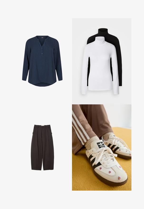 Zizzi NADELSTREIFEN - Bluse - navy blazer stripe; Zwei langärmelige Rollkragenoberteile, eines weiß und eines schwarz, aus einem glatten, dehnbaren Stoff, beide mit schmalem Schnitt und hohem Kragen.; Schwarze weit geschnittene Hosen aus einem glatten Stoff, mit hoher Taille, Frontfalten und Seitentaschen. Schlichtes Design ohne Verzierungen.; Weiße Leder-Sneaker mit drei schwarzen Streifen und floralem Stickereien in Lila und Gelb. Braune Gummisohle. Kombiniert mit beigen gerippten Socken.