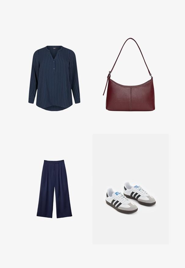 Zizzi NADELSTREIFEN - Blouse - navy blazer stripe; Pantalons larges bleu marine avec des plis, taille à boutons et passants de ceinture, présentés à plat sur un fond blanc.; Baskets avec une tige en cuir blanc, un bout en daim gris et trois bandes noires. Présente un logo bleu sur la languette et une semelle en caoutchouc texturée.; Sac à main en cuir bordeaux avec une forme arrondie, une bandoulière unique et des coutures au centre. Texture lisse, matériel minimal.