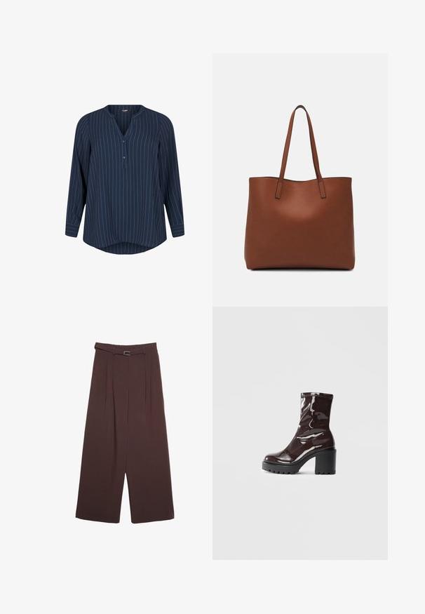 Zizzi NADELSTREIFEN - Blůza - navy blazer stripe; Stradivarius WIDE-LEG WITH BUCKLE DETAIL  - Kalhoty - dark brown; Lesklá bordó kotníková bota s masivním černým podpatkem, se hladkým povrchem a jednoduchým designem. Žádné viditelné zapínání ani vzory.; Hnědá kožená taška přes rameno s hladkou texturou, otevřeným designem a dvěma ramenními popruhy. Obsahuje minimální švy a žádné viditelné kovové prvky.