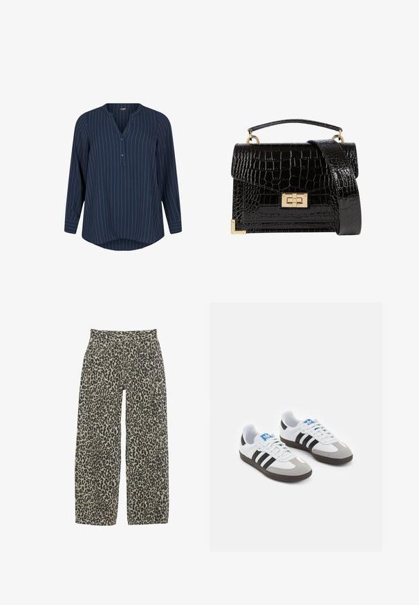 Zizzi NADELSTREIFEN - Blouse - navy blazer stripe; Leopard print wide-leg trousers in a neutral beige and black color scheme. Features a high waist, five pockets, and button closure.; Sport shoes with a white leather upper, gray suede toe, and three black stripes. Features a blue logo on the tongue and a textured rubber sole.; Black patent leather handbag with a crocodile texture, gold hardware, a top handle, and a detachable shoulder strap. Rectangular shape with a flap closure.