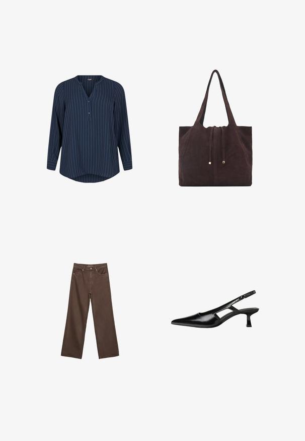 Zizzi NADELSTREIFEN - Bluse - navy blazer stripe; Weite braune Jeans aus Denim, mit hoher Taille, Fronttaschen und klassischem Knopfverschluss. Glatte Textur mit feinen Nähten.; Schwarze Lackleder-Slingback-High Heels mit spitzer Zehenform, ausgeschnittenem Seitendesign und kleinem Blockabsatz. Glatte Textur mit minimalen Akzenten.; Mango Shopping Bag - dark brown