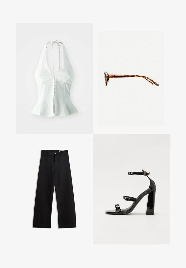 Biely top s halter výstrihom a hlbokým V-výstrihom, fitted telom a zapínaním na gombíky. Vyrobený z ľahkej látky s hladkou textúrou.; Čierne denimové nohavice s širokými nohavicami a vysokým pásom, so prednými a zadnými vreckami, šitými švami a zapínaním na gombík. Hladká textúra.; Čierne lakované sandále na podpätku so štvorcovou špičkou, navlečenými remienkami okolo členku a striebornými prackami. Disponujú masívnym blokovým podpätkom pre stabilitu.; Slnkové okuliare v korytnačkovom vzore s hrubým rámom, mierne zakrivenými stranami a hladkým povrchom. Majú klasický dizajn s lesklým povrchom.