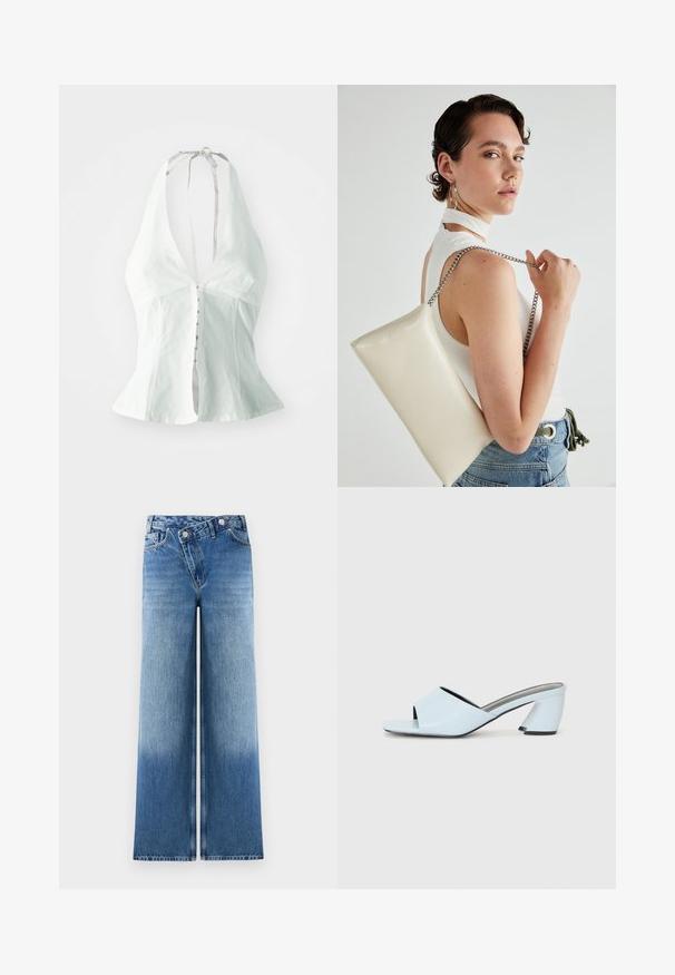 Hvit halterneck topp med dyp V-hals, tettsittende liv, og knappelukking foran. Laget av lett stoff med en jevn tekstur.; Lyseblå vide jeans med en falmet vask, som har et klassisk fem-lomme-design og metalknap-detaljer ved livet.; Lyseblå åpne tå hæl mules med geometrisk design, med en bred stropp over foten og en fyldig, vinklet hæl.; Hvit rektangulær clutch-veske laget av blankt materiale, med en sølvkjede-stropp. Modellen poserer og viser vesken mot en ensfarget bakgrunn.