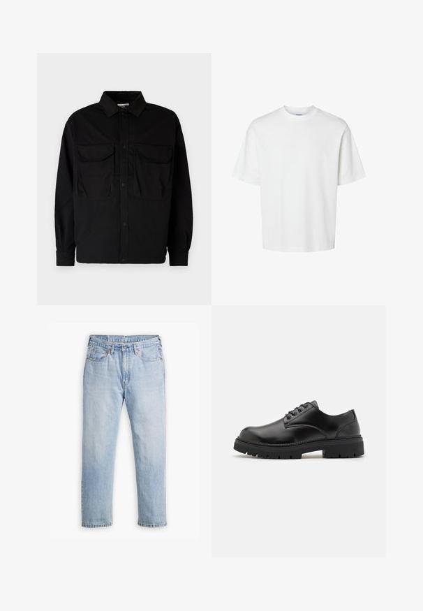 Jack & Jones JCOHELVETICA PARACHUTE OVERSHIRT - Camicia - black; T-shirt bianco in cotone con maniche corte, scollo rotondo e vestibilità rilassata. Texture liscia senza pattern o dettagli visibili.; Jeans in denim blu chiaro con design a gamba dritta, stile a cinque tasche e cuciture a contrasto. Chiusura con bottone e zip in vita.; Scarpe in pelle nera con punta arrotondata, design lace-up e suola in gomma spessa e testurizzata. Presentano una cucitura lungo il bordo e una finitura liscia.