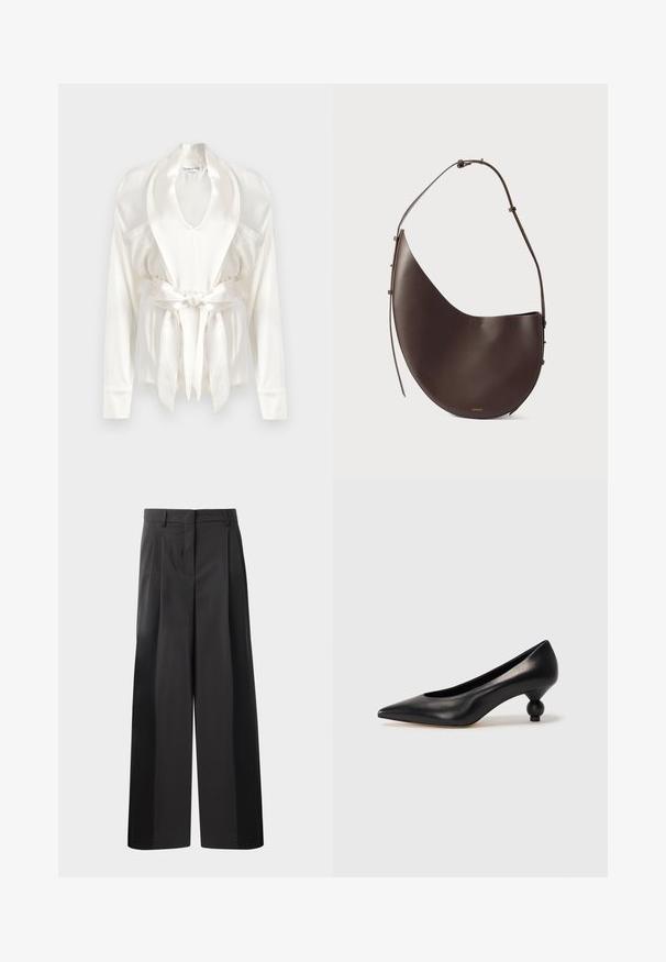 Valge satiinist hommikumantel, millel on kaelus, pikad varrukad ja vöö vööl. Sile tekstuur kerge läikega ja küljetaskud.; Mustad laiad püksid kõrge vöökohaga, millel on ees voldid, sile tekstuur ja õmmeldud viimistlus. Kujundatud lõdva istuvuse saavutamiseks.; Must musta kõrge kontsaga king, millel on terav nina ja ümar, pallikujuline konts. Sile pind ja elegantne, minimalistlik disain.; Pruun nahast käekott kumerate joontega, ühe rihmaga ja minimalistliku disainiga. Omab diskreetset logo ja kuldseid detaile.