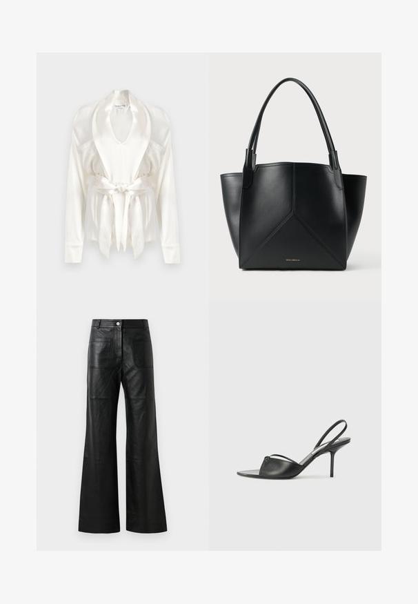 Balts satīna apmetnis ar šallu apkakli, gariem piedurknēm un jostu jostasvietā. Gluda tekstūra ar nelielu spīdumu un sānu kabatām.; Melna ādas platām kājām bikses ar priekšējiem kabatām un pogu aizdari. Materiāls ir gluds ar nelielu spīdumu un redzamu šuvju detalizāciju.; Melnas ādas siksniņu augstpapēžu kurpes ar norādītu purngalu, plānu potītes siksniņu un stiletto papēdi. Arī ar sasietu detaļu uz vamp.; Melnas ādas plecu soma ar ģeometrisku dizainu, kas aprīkota ar divām rokturiem un zeltainu zīmolu priekšpusē. Gluda tekstūra un strukturēta forma.