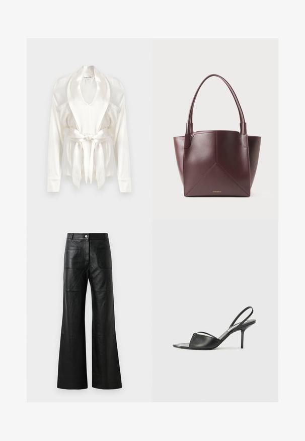 Raso bianco con colletto a scialle, maniche lunghe e cintura in vita. Tessuto liscio con una leggera lucentezza e tasche laterali.; Pantaloni in pelle nera a gamba larga con tasche frontali e chiusura a bottone. Il materiale è morbido con una leggera lucentezza e dettagli di cucitura visibili.; Tacchi slingback in pelle nera con punta affusolata, sottile cinturino alla caviglia e tacco a spillo. Presenta un dettaglio annodato sulla tomaia.; Borsa tote in pelle marrone scuro con due manici e cuciture a pannelli geometrici, con testo del marchio in piccolo oro vicino al centro inferiore.