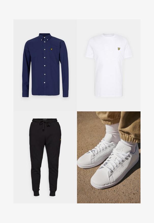 Tamsiai mėlynas ilgarankovis marškinis, pagamintas iš medvilnės, su mygtukais prikabinta apykakle, priekinėmis kišenėmis ir mažyte geltona logotipu ant krūtinės.; Balta medvilnės marškinėliai su mažu juodu ir geltonu išsiuvinėtu logotipu kairėje krūtinės pusėje. Trumpi rankovės ir apvalus kaklas.; Juodi medvilniniai džinsai su elastine juosmeniu, virvute ir lygiu cekiu. Kairėje šlaunyje yra mažas geltonas logotipas.; Balti odiniai sportbačiai su lygia paviršiumi, pasižymintys klasikiniu raištelių dizainu, perforacijomis, užtikrinančiomis oro pralaidumą, ir tekstūra guminėmis padangomis.