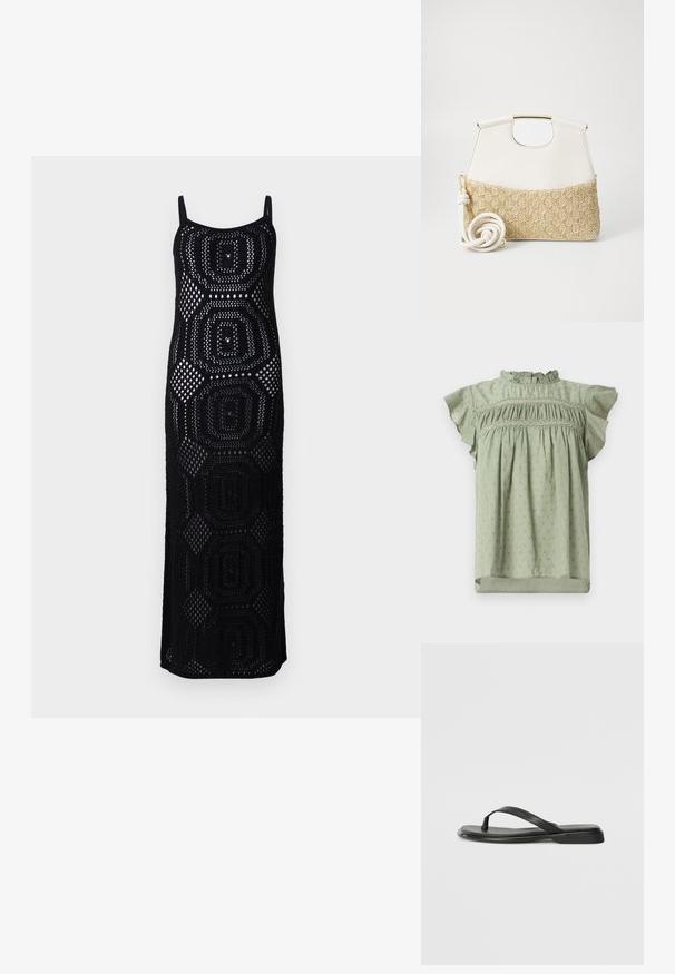 Lys grønn bluse med volang korte ermer, smocket liv og subtilt, gjentagende blomstermønster. Laget av lett stoff.; Svart heklet maxikjole med en tettsittende silhuett, som har geometriske mønstre og åpne vev. Justerbare stropper og rett halsutringning.; Sorte flip-flop laget av glatt lær, med en tynn stroppdesign og en flat såle med et minimalistisk utseende. Ingen bemerkelsesverdige mønstre eller aksenter.; Hvit lærveske med en teksturert kremfarget vevd bunn. Har en gullfarget håndtak og en spiralformet hvit stropp for allsidighet.