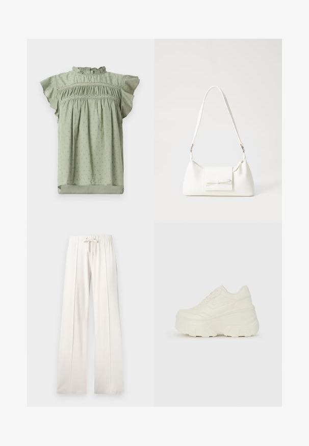 Lys grøn bluse med flæser på de korte ærmer, smocket bodice og subtilt, gentaget blomstermønster. Fremstillet af letvægtsstof.; Lys beige sweatkorts lavet af blødt stof, med snoretræk i taljen, brede ben og lodrette sømme, samt en glat tekstur.; Hvide platform sneakers med en glat læderlignende overdel, rund form, polstret krave og struktureret gummisål med definerede riller.; Hvid syntetisk håndtaske med en trekantet form, flad forsideklap og sløjfedetalje, justerbar strop, glat tekstur og minimalistisk design.
