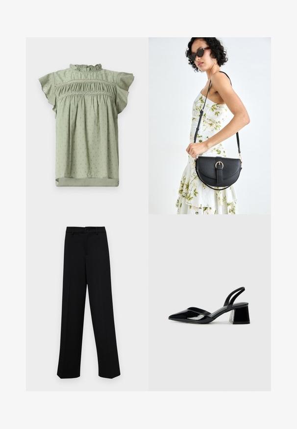 Blouse vert clair avec des manches courtes à volants, un corsage froncé et un motif floral subtil et répétitif. Fabriquée en tissu léger.; Pantalons larges noirs en tissu lisse, avec une taille classique à fermeture à bouton et des plis sur le devant.; Escarpins en cuir verni noir avec bout pointu et talon bloc géométrique. Présente un design élégant et minimaliste ainsi qu'une texture lisse.; Sac à main en cuir noir avec une forme courbée, bandoulière amovible et des accessoires en or. Le sac est doté d'un rabat avec un détail de boucle.