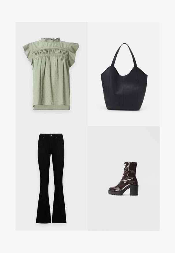 Blusa verde claro con mangas cortas acampanadas, cuerpo fruncido y un sutil patrón floral repetido. Fabricada con tejido ligero.; Jeans negros de cintura alta con cierre de botón y cremallera, bolsillos frontales y piernas acampanadas, dispuestos sobre un fondo blanco.; Botín burdeos brillante hasta el tobillo con un tacón negro grueso, que presenta una textura suave y un diseño sencillo. Sin cierres ni patrones visibles.; Bolso tote negro fabricado en cuero liso, con un diseño minimalista que presenta un borde superior curvado y dos asas para el hombro.