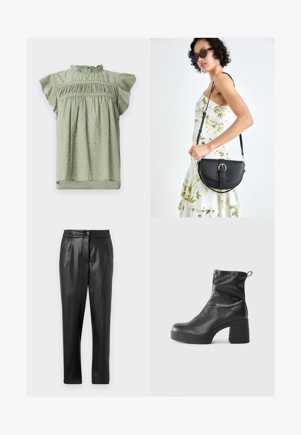 Dengtos šviesiai žalias palaidinės, su raukšlėmis trumpomis rankovėmis, smulkia susiraukšlėjusia krūtine ir subtiliu, kartojančiu gėlių raštu. Pagaminta iš lengvos medžiagos.; Juodos odinės kelnės su lygiu paviršiumi, tiesiu siluetu, elastinga juosta ir priekyje uždaroma mygtuku; raukiniai ir siaurėjantys kelnių šlaunys.; Juodos kulkšninių botai, pagaminti iš lygaus odos, su šoniniu užtrauktuku, masyviu tekstūruotu kulnu ir apvaliu pirštu.; Juodas odinis krepšys su išlenkta forma, nuimamu dirželiu ir auksiniais detalėmis. Krepšys turi kilpą su sagtimi.