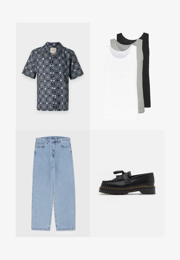 Camicia a maniche corte color navy con un intricato motivo floreale in bianco e azzurro chiaro, realizzata in tessuto morbido, con colletto a punte.; Tre canottiere in bianco, grigio e nero. Ognuna presenta un classico design senza maniche, realizzata in leggero cotone con una texture a costine.; Jeans in denim azzurro chiaro con design a gamba dritta, caratterizzati da una vita media, cinque tasche e chiusura con bottone e zip.; Mocassino in pelle nera con un'accento a frange, dotato di una suola nera spessa e cuciture gialle lungo il bordo. Finitura testurizzata.