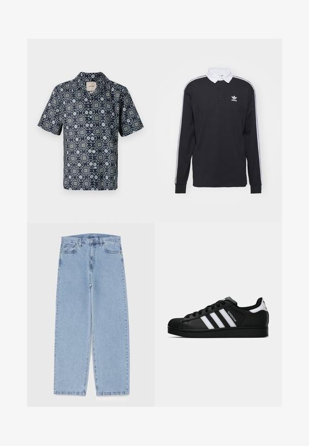 Tengerés kék, rövid ujjú ing, fehér és világoskék bonyolult virágmintával, sima anyagból készült, és bemetszett gallérral rendelkezik.; Fekete, hosszú ujjú póló, fehér gallérral és három fehér csíkkal az ujján; az elején hímzett Adidas logóval rendelkezik.; Világoskék farmernadrág egyenes szárú kivitelben, közepes derékkal, öt zsebbel, gombos és cipzáros záródással.; Fekete Adidas Superstar sportcipő fehér csíkokkal, kagyló orral és "Superstar" felirattal az oldalán, oldalról bemutatva, fehér háttér előtt.