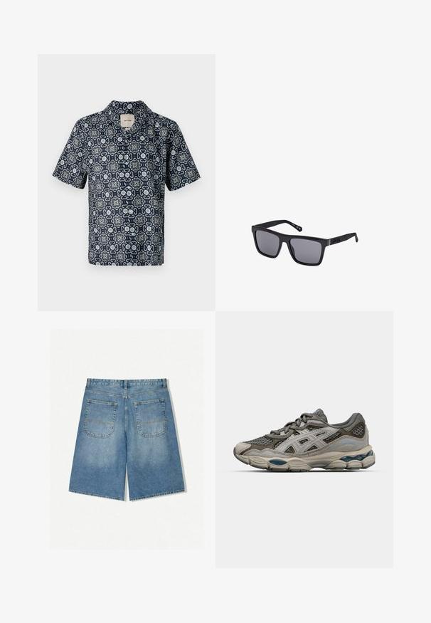 Srajca s kratkimi rokavi v mornarsko modri barvi z zapletenim cvetličnim vzorcem v beli in svetlo modri, izdelana iz gladke tkanine, z ovratnikom s skrilavcem.; Denim kratke hlače v svetlo modri barvi s sproščenim krojem, ki imajo dve zadnji žepu in vidne šive. Tkanina ima mehak in gladek teksturo.; Sive in bež športni čevlji z mrežnimi paneli, pikčasto teksturo in srebrnimi akcenti. Imajo oblazinjeno podplat in vezalni dizajn.; Črne pravokotne sončne očala z temnimi lečami, mat finišem in logotipom na nosilcu. Oblikovanje vključuje ravne robove in debele okvirje.