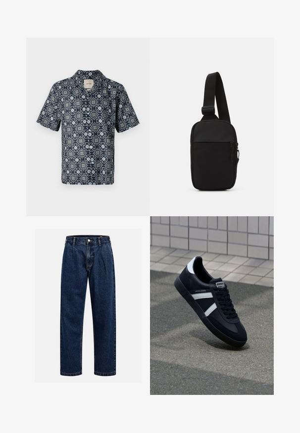 Lyhythihainen paita tummansinisestä kankaasta, jossa on monimutkainen valkoisen ja vaaleansinisen kukkakuosi, valmistettu sileästä kankaasta, varustettuna lovettulla kauluksella.; Tummansininen farkkushortsit suoralla lahkeella. Ominaisuuksiin kuuluvat näkyvät saumat, napitus ja etulaskokset lisäyksinä.; Mustat nahkakengät valkoisilla raidoilla, teksturoitu kumipohja ja nauha edessä. Varustettu merkkitarralla kielen päällä.; Musta olkalaukku, joka on valmistettu kestävästä kankaasta. Laukussa on yksi säädettävä olkahihna, vetoketjulla suljettava pääosasto ja etutasku.