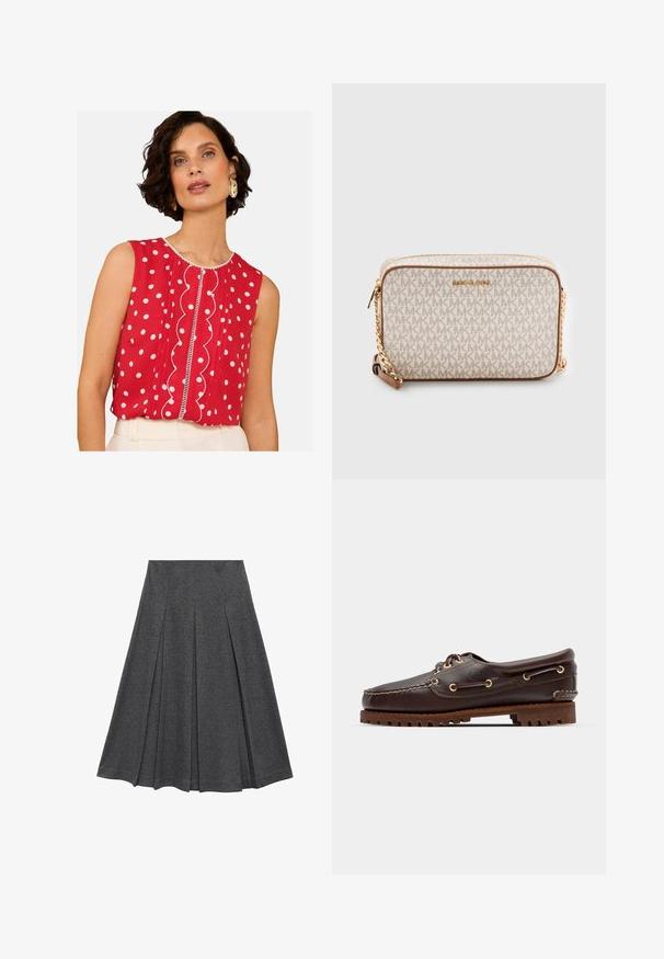 Rød ærmeløs top med hvide prikker, bølget frontdetalje og kontrasterende kant. Letvægtsstof, afslappet pasform.; Grå plisseret nederdel med en vidde form, lavet af blødt stof. Har lodrette plisseringer og et glat taljebånd for et tætsiddende look.; Brune læder bådsko med gyldne øjer, runde snørebånd og en struktureret brun gummisål. Har quiltede detaljer og et forhøjet logo.; Beige crossbody taske lavet af lærred med et gentaget MK-logo mønster, gyldent hardware og en kædestropp. Har en lynlåslukning og læderdetaljer.