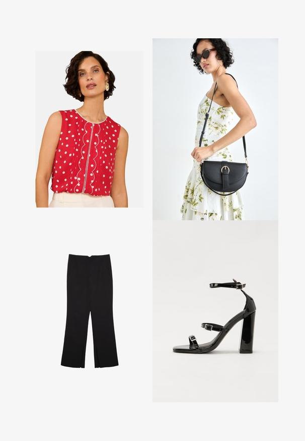 Červená bezramínková blůza s bílými puntíky, s ozdobným výstřihem ve tvaru vlny a kontrastním lemem. Lehce pružný materiál, volný střih.; Černé kalhoty s rovným střihem, s předními kapsami a bočními rozparky na lemu. Vyrobené z jemné, hladké tkaniny. Vhodné na různé příležitosti.; Černé lakované sandály na podpatku se čtveratou špičkou, lýtkovými pásky a stříbrnými přezkami. Disponují masivním blokovým podpatkem pro stabilitu.; Černá kožená kabelka s křivkovým tvarem, odnímatelným popruhem a zlatými detaily. Kabelka má klopu s přezkou.