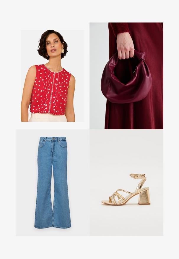 Top sin mangas rojo con lunares blancos, detalle frontal ondulado y ribete en contraste. Tejido ligero, corte relajado.; Jeans acampanados de color azul claro hechos de denim, con una cintura alta, cinco bolsillos y un cierre de botón. Textura suave con acabado desgastado.; Sandalias de tacón metálico dorado con un diseño de tiras, tacón cuadrado y correa ajustable en el tobillo con hebilla. Textura suave.; Bolso de cuero burdeos con un diseño suave y recogido y una forma redondeada. La asa está asegurada, mostrando una textura lisa.