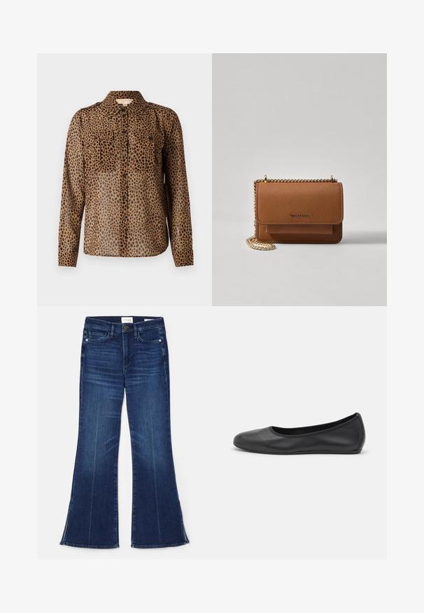 Camicia trasparente marrone con macchie di leopardo nere, dotata di due tasche sul petto e colletto. Maniche lunghe con polsini abbottonati.; Jeans a zampa d'elefante blu scuro in denim. Caratterizzati da una vita alta, tasche anteriori e dettagli con spacco all'orlo. Design classico a cinque tasche.; Pantofole da balletto nere in pelle con punta arrotondata, texture liscia, dettagli di cucitura minimi e design con suola flessibile.; Borsa a tracolla in pelle marrone con texture, dotata di catena dorata e chiusura a pattina. Sul davanti presenta un dettaglio con logo e una tasca sotto la pattina.