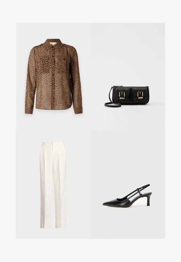Braunes, durchsichtiges Button-up-Hemd mit schwarzen Leopardenflecken, ausgestattet mit zwei Brusttaschen und einem Kragen. Lange Ärmel mit Knopfmanschetten.; Polo Ralph Lauren HEMP WIDE LEG PANT - Stoffhose - nevis; Schwarze Lack-Slingback-Pumps mit spitzem Zehenbereich, versehen mit strukturiertem Schlangenprint, verstellbarem Riemen und einem kurzen, strukturierten Blockabsatz.; Schwarze Leder-Umhängetasche mit zwei vorderen Taschen, goldenen Schnallen, Reißverschluss und einem schmalen Tragegurt. Texturierte Oberfläche und kompakte rechteckige Form.