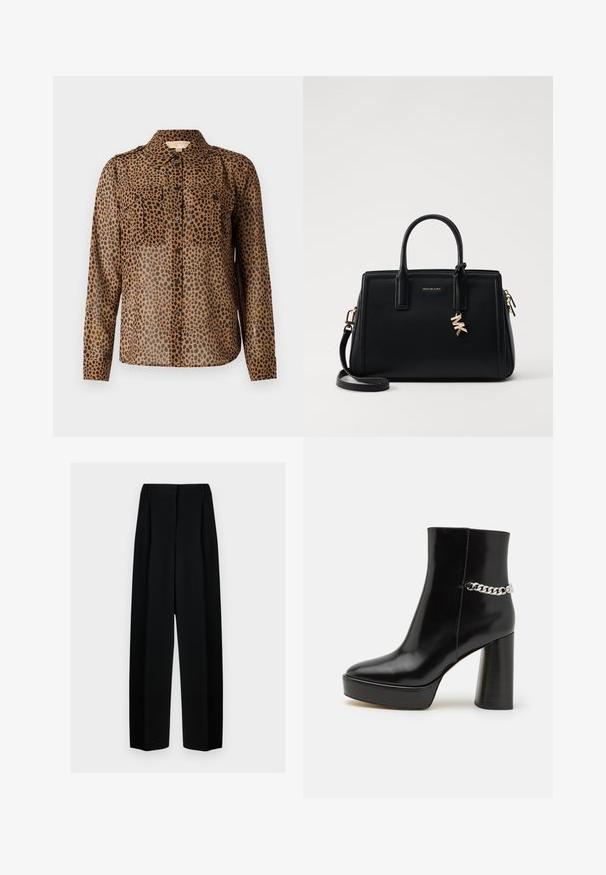 Brązowa przezroczysta koszula z guzikami z czarnymi plamkami w leopardzie, z dwiema kieszeniami na piersiach i kołnierzykiem. Długie rękawy z mankietami na guziki.; Czarne spodnie o szerokich nogawkach z wysokim stanem, z plisami i gładką teksturą. Materiał wydaje się lekki i elegancko się układa.; Czarne lakierowane botki za kostkę z grubą platformą i wysokim słupkowym obcasem. Posiadają akcent w postaci srebrnego łańcucha po bokach. Gładka tekstura.; Czarna skórzana torebka o strukturalnym designie, z dwiema górnymi uchwytami, odpinanym paskiem na ramię, złotymi akcesoriami i zawieszką z logo.