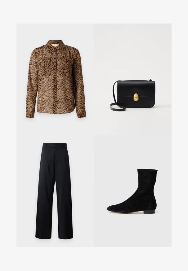 Hnedá priehľadná košeľa na gombíky s čiernymi leopardími škvrnami, s dvoma vreckami na hrudi a golierom. Dlhé rukávy s gombíkovými manžetami.; Pré široké nohavice vo tmavo modrej farbe, so zapínaním na gombík, prednými záhybmi a hladkým materiálom s čistým, strihovým dizajnom.; Čierne semišové členkové topánky s priliehavým zvrškom, špicatou špičkou a nízkym blokovým opätkom. Hladká textúra a minimalistický dizajn, vhodné na všestranné kombinovanie.; Čierna kožená kabelka so štruktúrovaným obdĺžnikovým tvarom. Obsahuje zlaté oválne zapínanie a tenký ramenný popruh. Hladká textura.