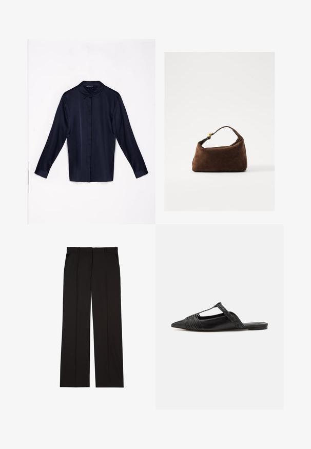 Dark navy long-sleeve shirt made of smooth fabric, featuring a classic collar, front button closure, and buttoned cuffs.; Black tailored trousers made of a smooth fabric, featuring a straight-leg design, and two side pockets. Elegant and minimalistic construction.; Black leather slingback shoe with a pointed toe, featuring a woven accent and pleated upper design. Flat sole with minimal hardware.; Brown suede handbag with a curved shape, short handle, and gold hardware accents. Smooth texture and minimalistic design.