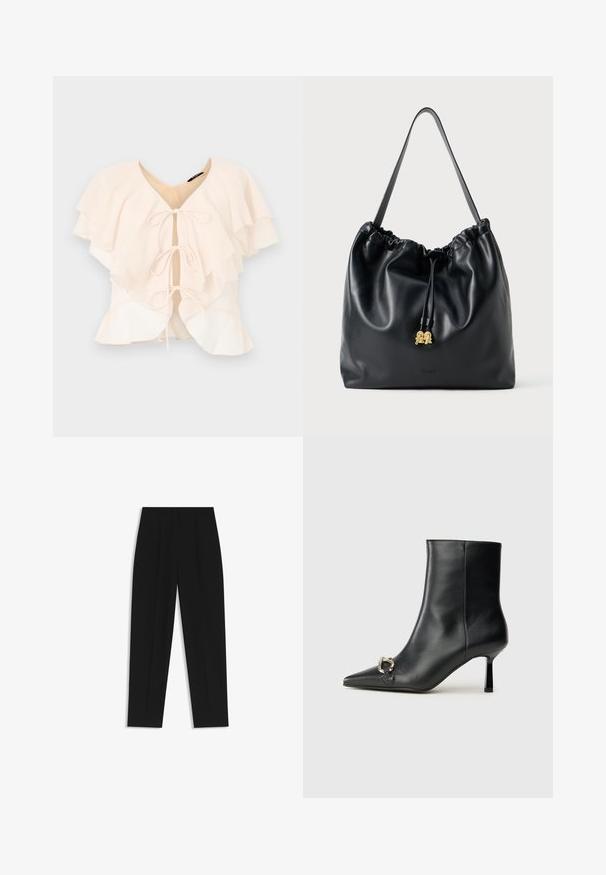 Blusa de color rosa claro con volantes en capas, escote en V y tres lazos en la parte frontal. Tejido suave y diseño fluido.; Pantalones negros de corte recto, con doble pinza, textura suave y un diseño de cinturilla clásica. Sin hardware o acentos visibles.; Botín negro de cuero hasta el tobillo con punta afilada, tacón delgado de altura media y detalle de hebilla plateada en el lateral, sobre un fondo liso.; Bolso de drawstring de cuero negro con textura suave, parte superior recogida y sutil herrajes dorados. Cuenta con una sola correa resistente y un logo en relieve.