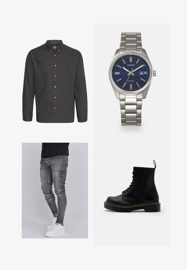 Mörkgrå skjorta med knappar, gjord av texturad tyg, med långa ärmar, krage och tanfärgade knappar längs framsidan.; Smala jeans i blekt grå denim, med slitna detaljer vid knäna, kombinerat med vita sneakers. Slät struktur, slim fit-design.; Svarta läderankelboots med snörning framtill, gul söm, rund tå och en tjock, texturerad gummisula.; Snygg klocka i silverfärgad rostfritt stål med en marinblå urtavla, metalliska timmarkörer och en datummarkering vid klockan tre. Vattentålig ner till 50 meter.