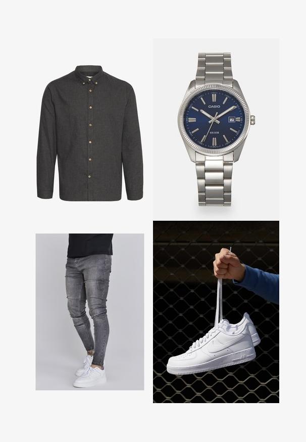 Dark gray button-up shirt made of textured fabric with long sleeves, a collared neck, and tan buttons along the front.; Skinny jeans in faded gray denim, featuring distressed details at the knees, paired with white sneakers. Smooth texture, slim fit design.; White leather sneakers with perforations, round toe, flat sole, and thick laces, featuring a visible swoosh logo and "AIR" on the heel.; Silver stainless steel wristwatch with a navy blue dial, metallic hour markers, and a date window at 3 o'clock. Water-resistant to 50 meters.