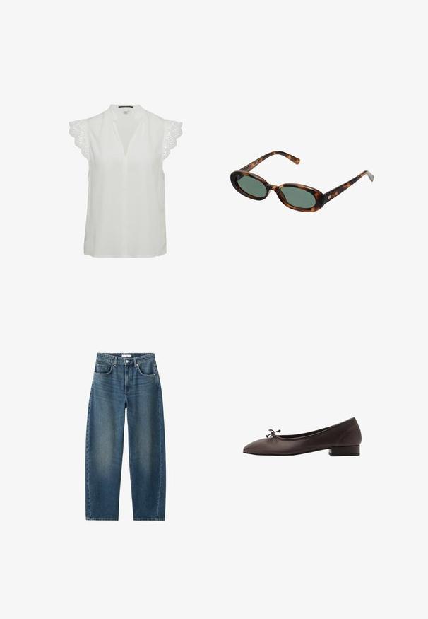 Bílá blůza s hlubokým výstřihem do V, krátké rukávy s jemným krajkovým lemem a volnější střih. Hladká textilie.; Tmavě modré džíny s rovnými nohavicemi, designem pěti kapes a klasickým knoflíkovým zapínáním. Měkká textura s jemným vyblednutím.; Hnědé kožené baletky s kulatou špičkou a malým blokovým podpatkem. Mají tenkou mašličku vpředu a decentní švy.; Sluneční brýle ve hmotě želvoviny s oválnými obroučkami a zelenými čočkami. Mají tenké stranice s metalickým akcentem u závěsů.; Tkaná žlutá kabelka s zakřivenou horní rukojetí a neformovaným tvarem. Texturovaný povrch má skrz naskrz křížový vzor.