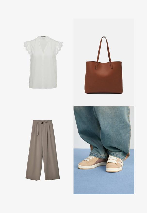 Blouse blanche avec un décolleté en V profond, des manches courtes ornées d'une dentelle délicate et une coupe décontractée. Tissu au toucher lisse.; Pantalons évasés en tissu gris doux et muted, avec une taille ceinturée et des plis pour un détail de design supplémentaire. Texture lisse, sans motifs.; Baskets beiges en suède et tissu, avec des lacets blancs, des accents brun clair et une semelle texturée. Portées avec un pantalon en denim bleu ample.; Sac fourre-tout en cuir marron avec une texture lisse, design à ouverture supérieure et deux poignées pour le porter à l'épaule. Présente des coutures minimales et aucun matériel visible.
