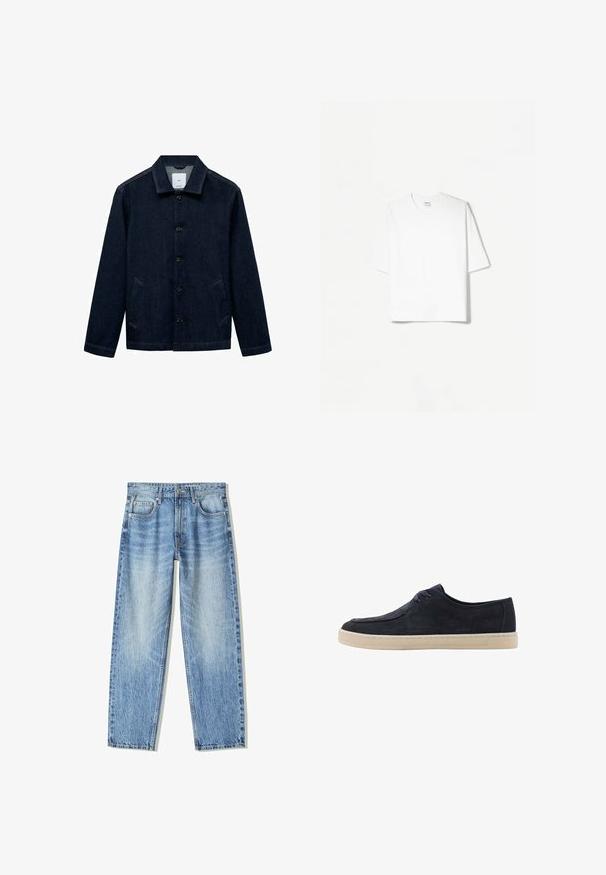 Donkerblauwe spijkerjack met een kraag, knopen vooraan, twee zijzakken en een rechte zoom. Gemêleerd stof met een klassieke casual uitstraling.; Witte katoenen T-shirt met een relaxte pasvorm, korte mouwen, ronde halslijn en rechte zoom. Gladde textuur, geen patronen of versieringen.; Lichtblauwe denim jeans met een losse pasvorm, recht gesneden pijpen, vijf zakken en een vervaagde textuur. Voorzien van een knoop- en ritssluiting aan de voorkant.; Marineblauwe suède schoen met een ronde neus, twee oogjes voor veters en een crèmekleurige rubberen zool. Glad aanvoelend en minimalistisch ontwerp.