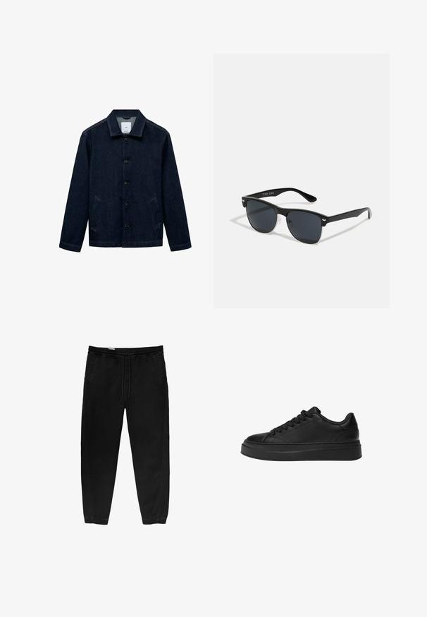 Granatowa kurtka dżinsowa z kołnierzykiem, z zapięciem na guziki z przodu, dwiema bocznymi kieszeniami oraz prostym dołem. Teksturowany materiał o klasycznym, casualowym stylu.; Czarne spodnie z elastycznym paskiem i sznurkiem, zwężane nogawki, boczne kieszenie oraz subtelne detale szwów po bokach. Miękka bawełniana tkanina.; Czarny trampki wykonane z gładkiej skóry, z okrągłym noskiem, grubą platformą i tradycyjnym sznurowaniem z sześcioma oczkami.; Czarne okulary przeciwsłoneczne o prostokątnym kształcie, ciemnych soczewkach, srebrnych akcentach na zausznikach oraz matowym wykończeniu oprawki.