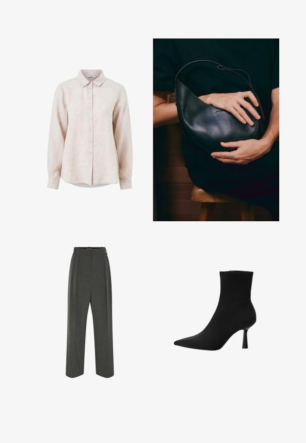 Helles beigefarbenes Leinenhemd mit kragen, langen Ärmeln und Knopfverschluss auf der Vorderseite. Verfügt über ein dezentes strukturiertes Muster.; Graue, maßgeschneiderte Hosen mit hoher Taille, die Falten, einen weiten Beinabschluss und eine glatte Textur aufweisen. Mit einem dezenten Reißverschluss geschlossen.; Schwarze Knöchelstiefel aus glattem Stoff, mit spitzem Fuß und schmalem Stiletto-Absatz, nahtlosem Design und ohne sichtbare Beschläge.; Schwarze Lederhandtasche mit einzigartiger Halbmondform. Verfügt über ein minimalistisches Design, eine glatte Textur und ein dezentes Logo. Verstellbarer Tragegurt.