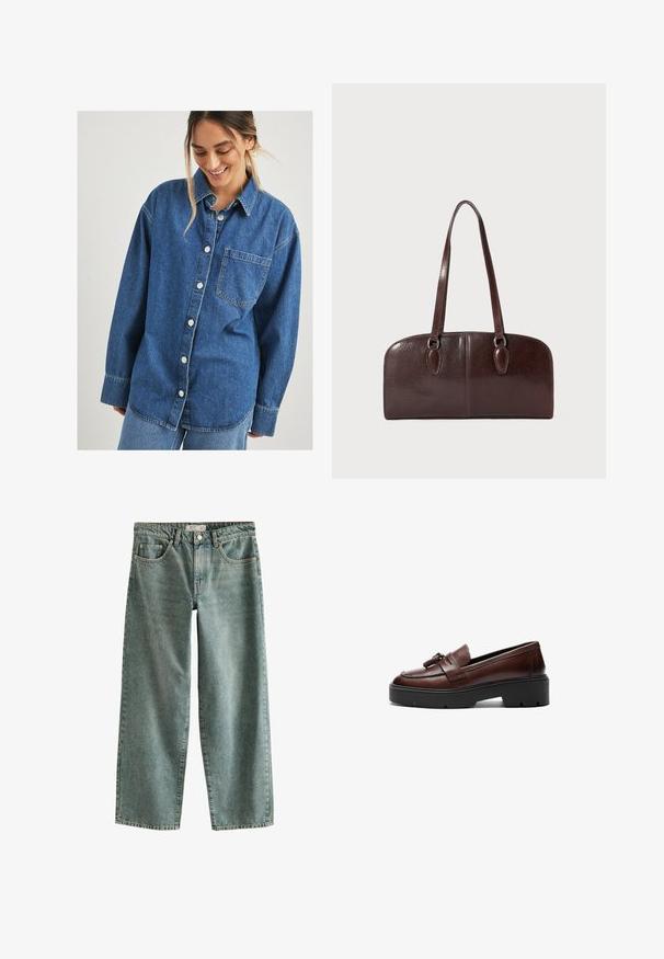 Camicia in denim blu con apertura frontale a bottoni, taschino sul petto e maniche lunghe. Presenta una vestibilità rilassata e una leggera scoloritura.; Jeans in denim azzurro chiaro, larghi e a vita alta, con quattro tasche e un design a gamba dritta; includono cuciture a contrasto e una chiusura con bottone.; Mocassino in pelle marrone con design elegante, suola piatta nera a contrasto e dettaglio decorativo con nappine sulla parte anteriore. Texture liscia.; Borsa in pelle marrone con due manici lunghi, forma rettangolare strutturata, superficie liscia e angoli arrotondati. Presenta dettagli di accentuazione sui manici.