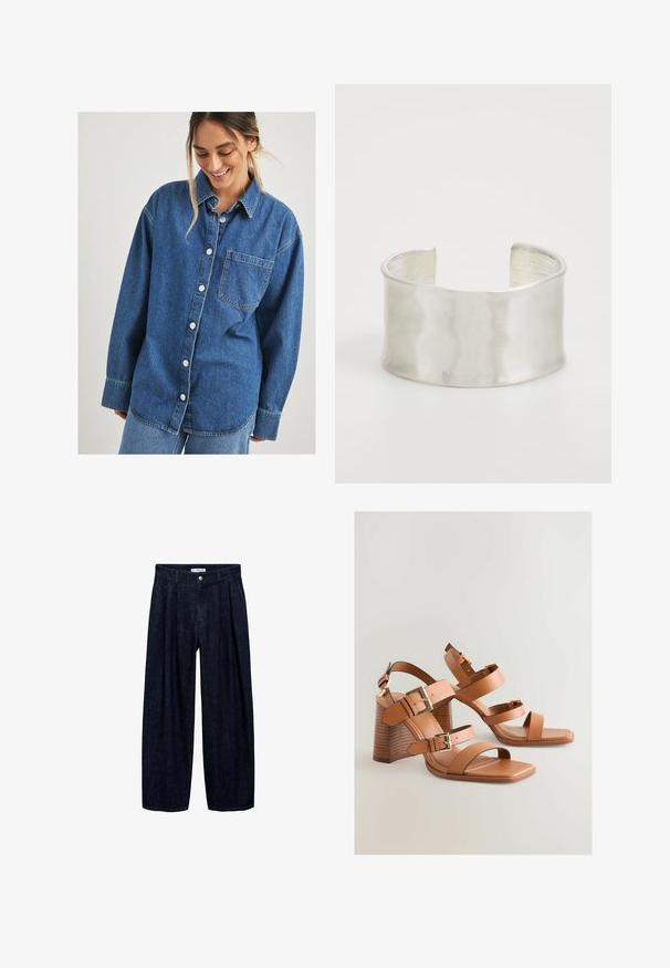 Modra denim srajca z gumbom spredaj, enim žepom na prsih in dolgimi rokavi. Ima sproščen kroj in rahel zbledel videz.; Temne traper hlače širokega kroja z naborki na pasu, z sprednjim gumbom in zankami za pas. Gladka tekstura in dolga zasnova.; Rjave usnjene sandale s visokimi petami, več trakovi, zlate kovinske dodatke in nagnjeno blok peto. Gladka tekstura, dizajn z odprto konico.; Zign Zapestnica - silver-coloured